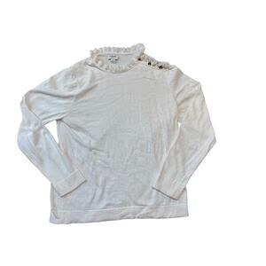J. CREW Ruffle collar Sweater, women's large, 100% Cotton, White, Gold buttons